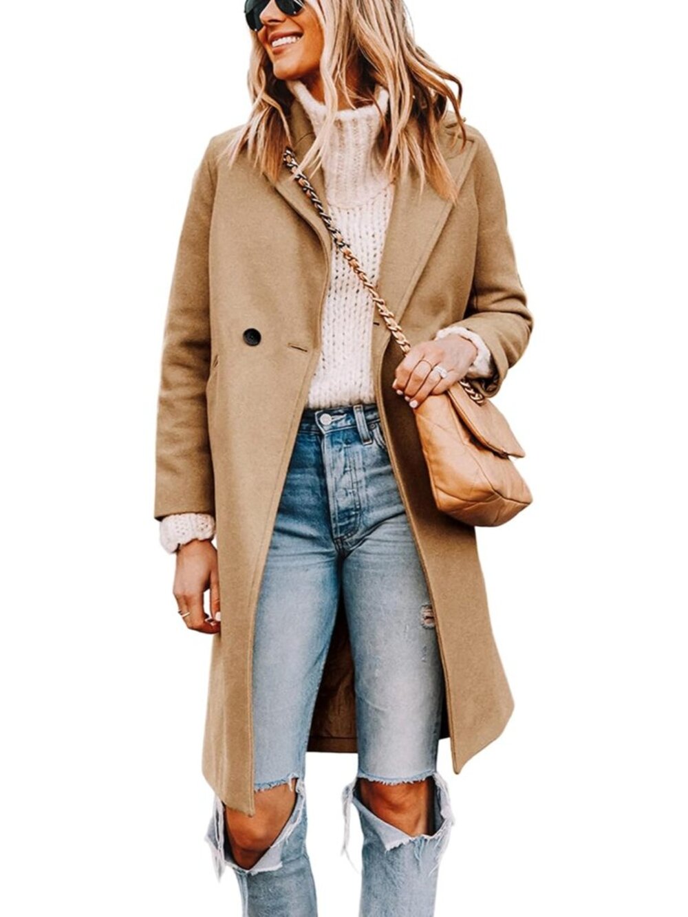 Women's Notch Lapel Double Breasted Khaki Wool Blend Mid Long Pea Trench Coat